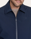 View of model wearing Navy Blazer Go Golf Bomber.