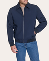 Front view of model wearing Navy Blazer Go Golf Bomber.