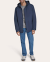 View of model wearing Navy Blazer Go Rain Commuter Jacket.