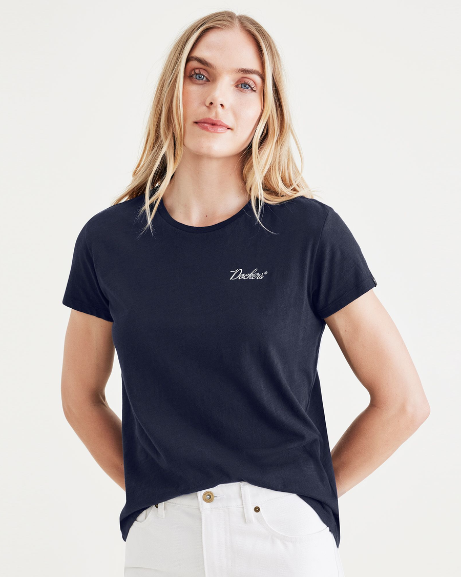 Front view of model wearing Navy Blazer Graphic Tee, Slim Fit.