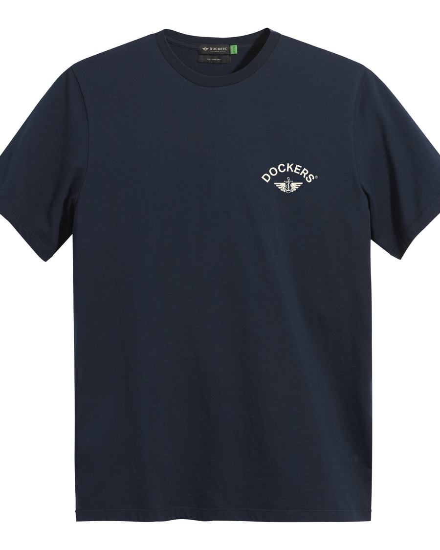 View of model wearing Navy Blazer Logo Tee, Slim Fit.