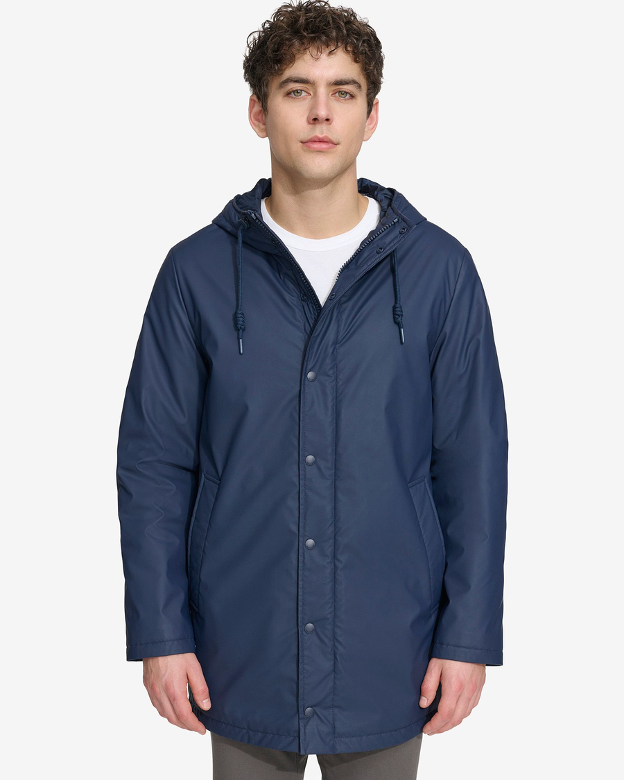 Front view of model wearing Navy Blazer Men's Lightweight Rain Jacket.