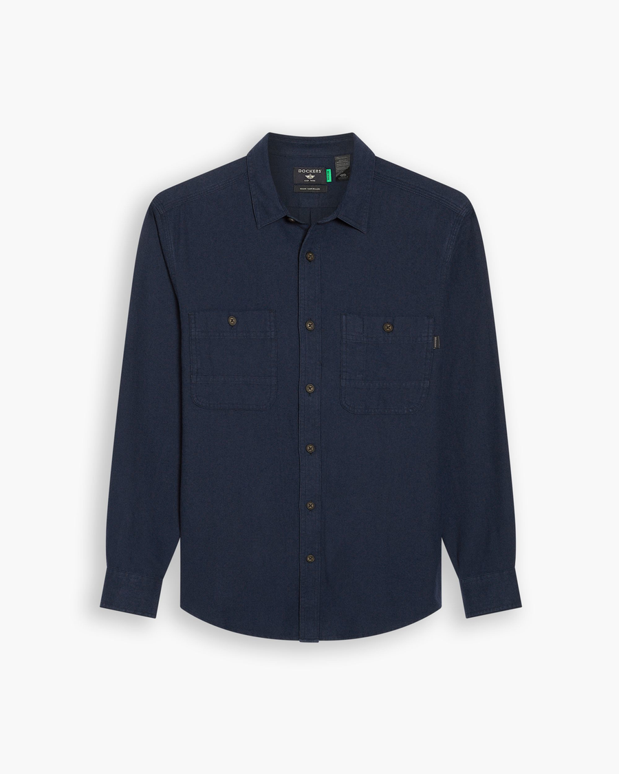 View of model wearing Navy Blazer Men's Regular Fit 2 Pocket Work Shirt.