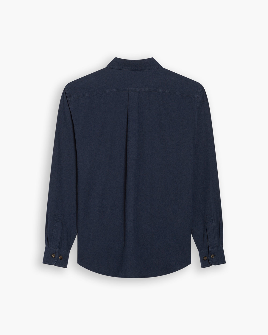 View of model wearing Navy Blazer Men's Regular Fit 2 Pocket Work Shirt.