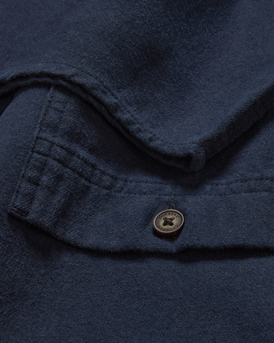 View of model wearing Navy Blazer Men's Regular Fit 2 Pocket Work Shirt.