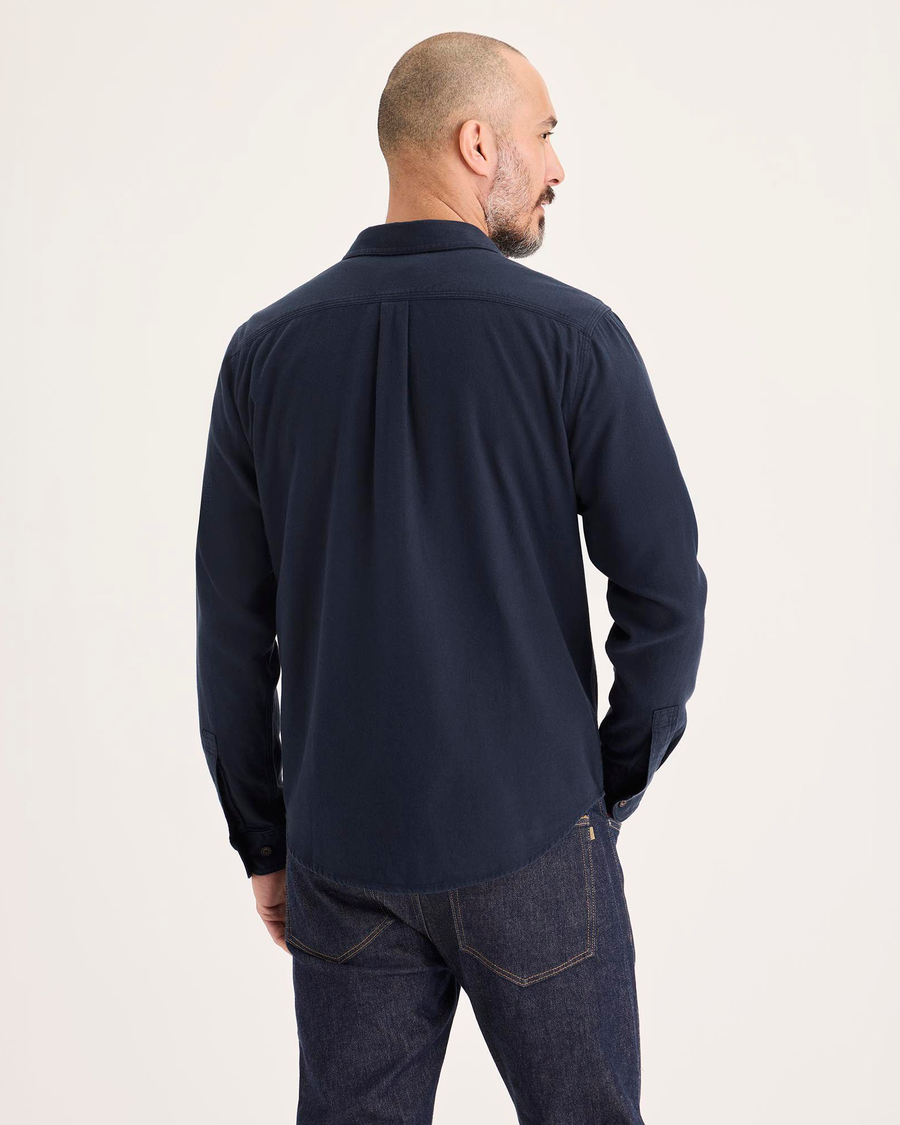 Back view of model wearing Navy Blazer Men's Regular Fit 2 Pocket Work Shirt.