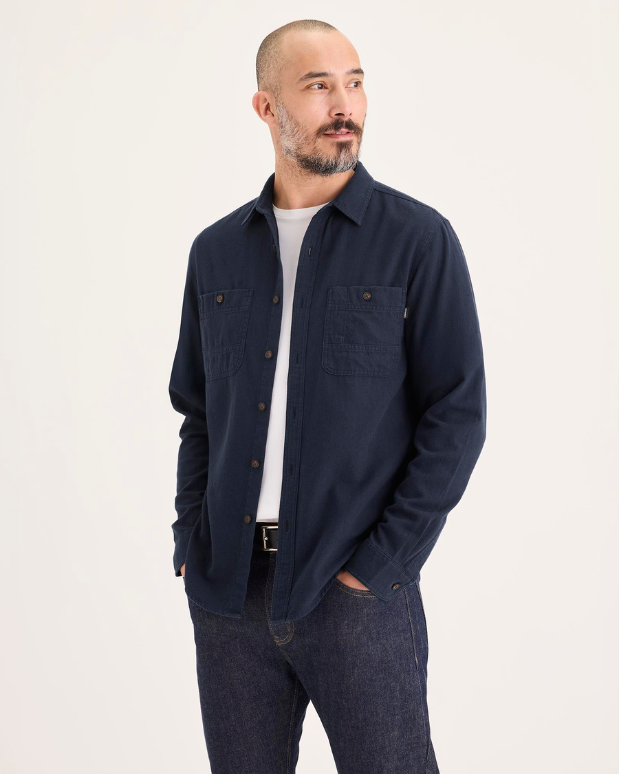 Front view of model wearing Navy Blazer Men's Regular Fit 2 Pocket Work Shirt.