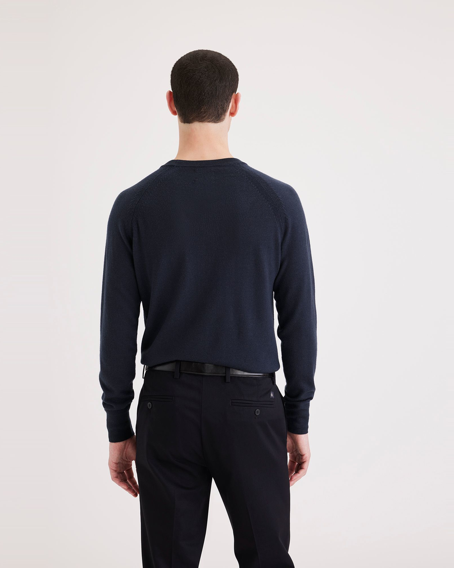 Back view of model wearing Navy Blazer Men's Regular Fit Crewneck Sweater.