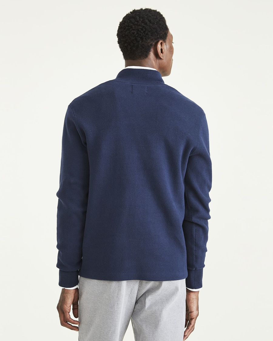 Back view of model wearing Navy Blazer Men's Regular Fit Quarter Zip Sweater.