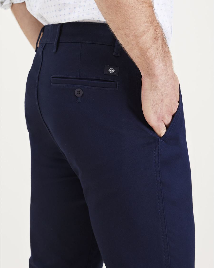 View of model wearing Navy Blazer Men's Skinny Fit Original Chino Pants.