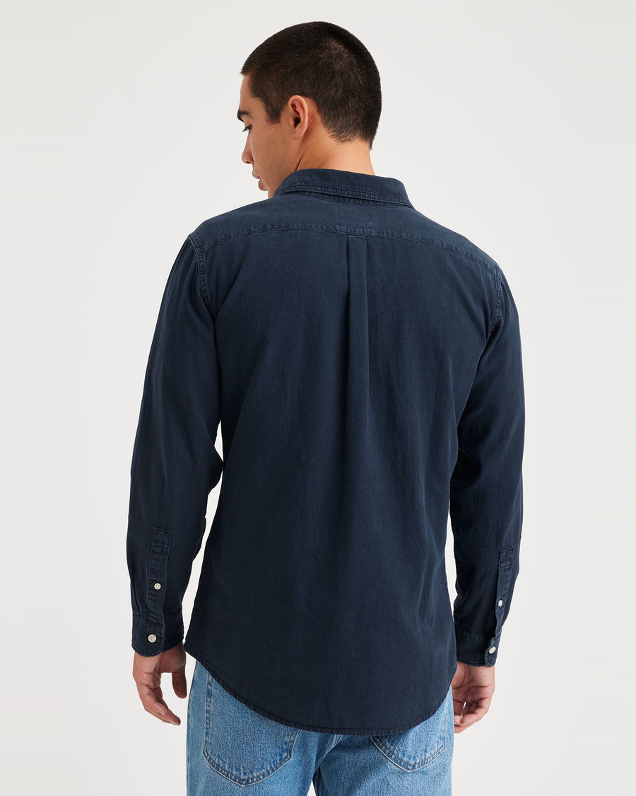 Back view of model wearing Navy Blazer Men's Slim Fit Icon Button Up Shirt.