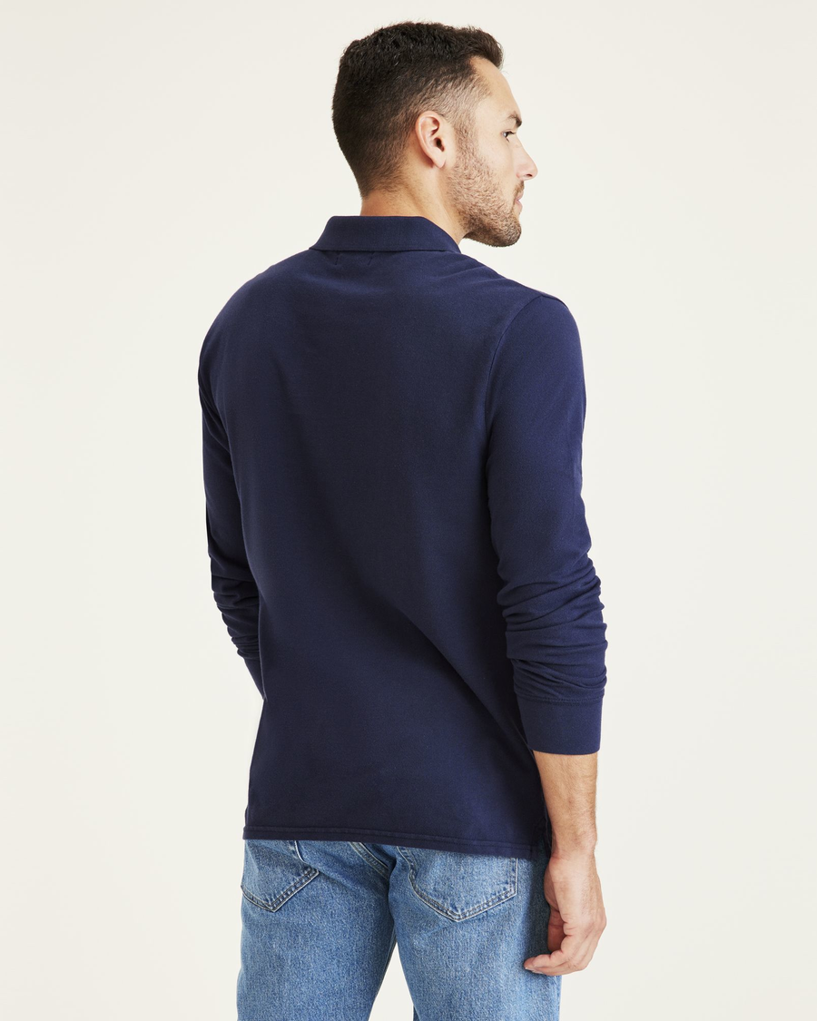 Back view of model wearing Navy Blazer Men's Slim Fit Polo Shirt.