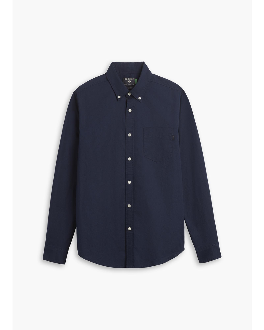 Front view of model wearing Navy Blazer Oxford Shirt, Slim Fit.