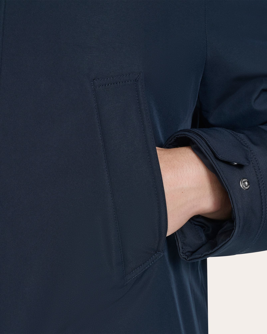 View of model wearing Navy Blazer Padded Parka.