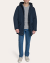 View of model wearing Navy Blazer Padded Parka.