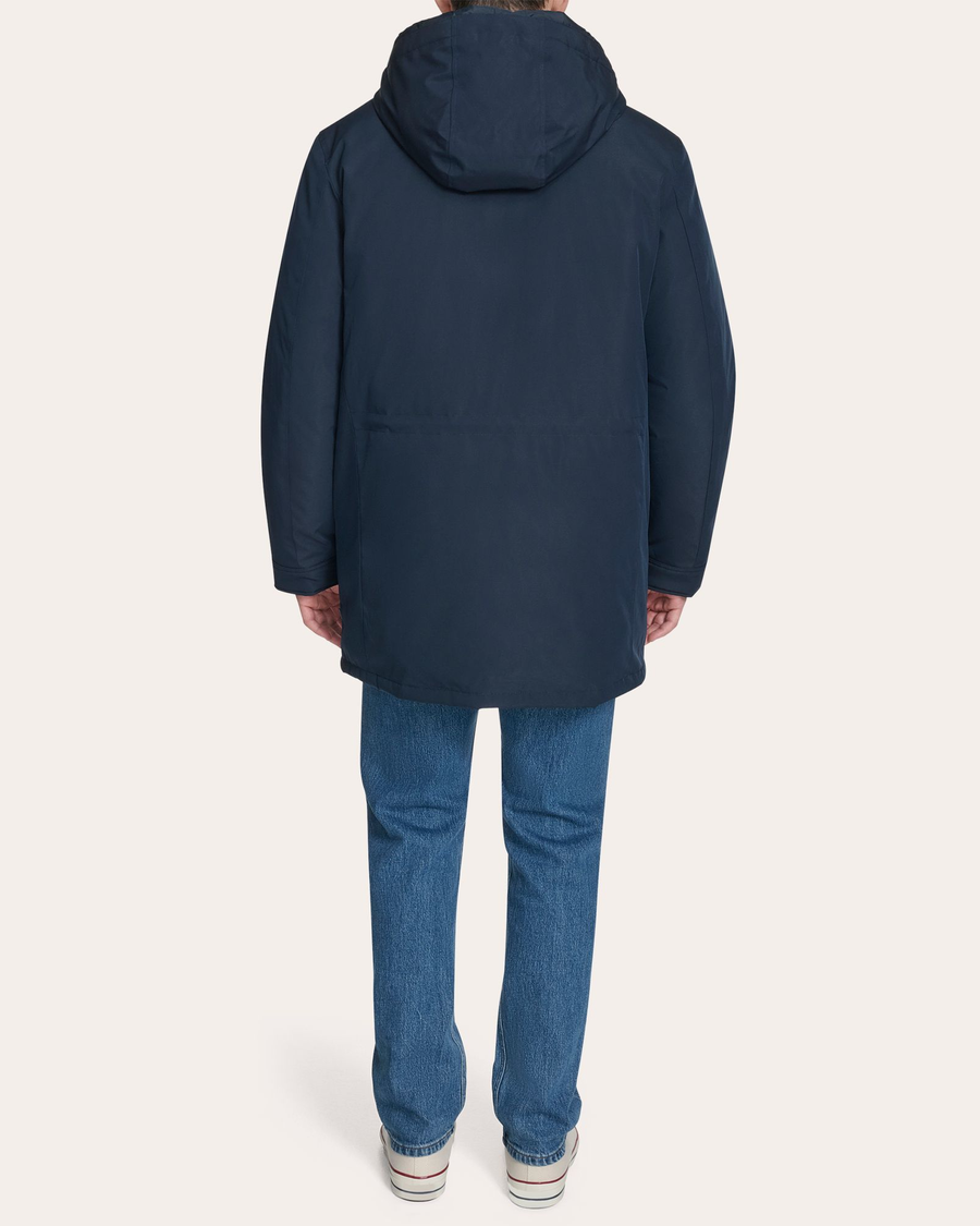 Back view of model wearing Navy Blazer Padded Parka.