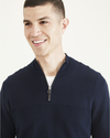 View of model wearing Navy Blazer Quarter Zip Sweater, Regular Fit.