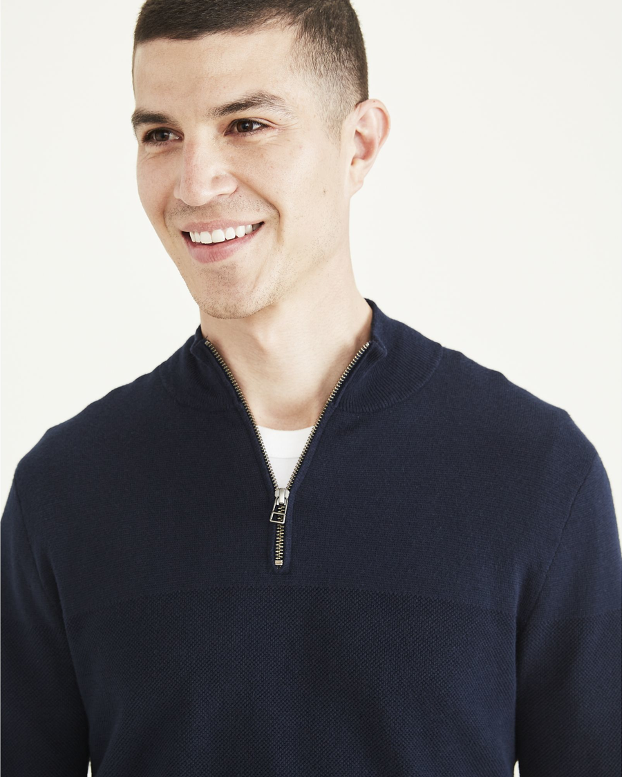 View of model wearing Navy Blazer Quarter Zip Sweater, Regular Fit.