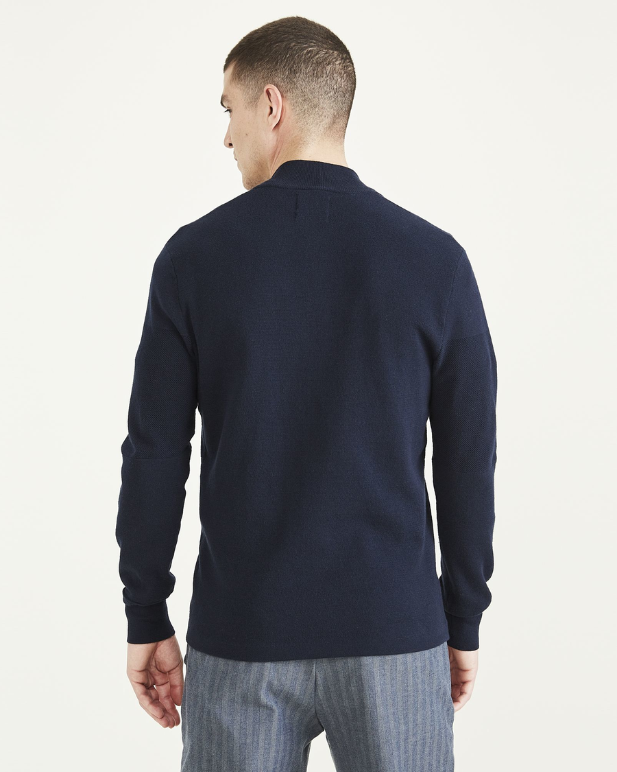 Back view of model wearing Navy Blazer Quarter Zip Sweater, Regular Fit.