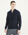 Front view of model wearing Navy Blazer Quarter Zip Sweater, Regular Fit.