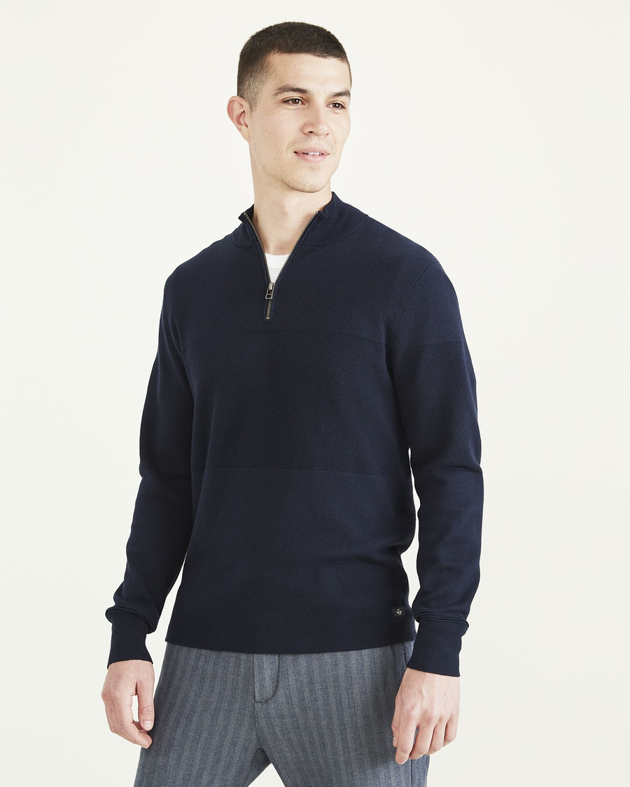 Front view of model wearing Navy Blazer Quarter Zip Sweater, Regular Fit.