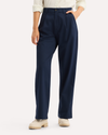 View of model wearing Navy Blazer Signature Iron Free Khakis, High Wide with Stain Defender®.