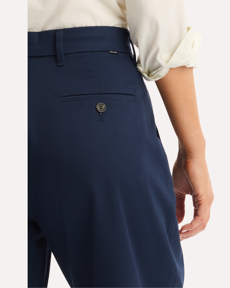 View of model wearing Navy Blazer Signature Iron Free Khakis, High Wide with Stain Defender®.
