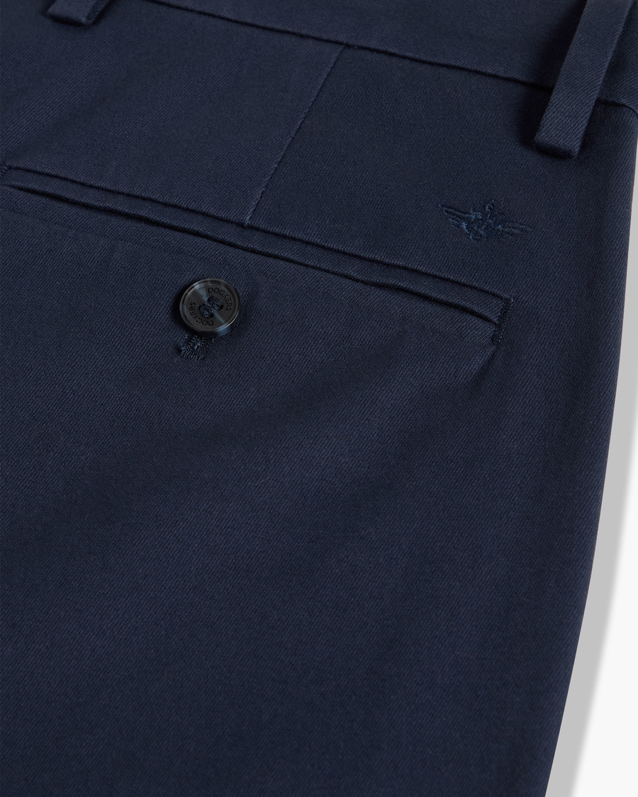 View of model wearing Navy Blazer Signature Iron Free Khakis, Skinny Fit with Stain Defender®.