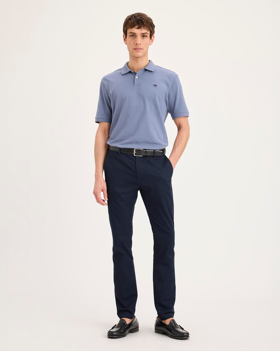 Front view of model wearing Navy Blazer Signature Iron Free Khakis, Skinny Fit with Stain Defender®.