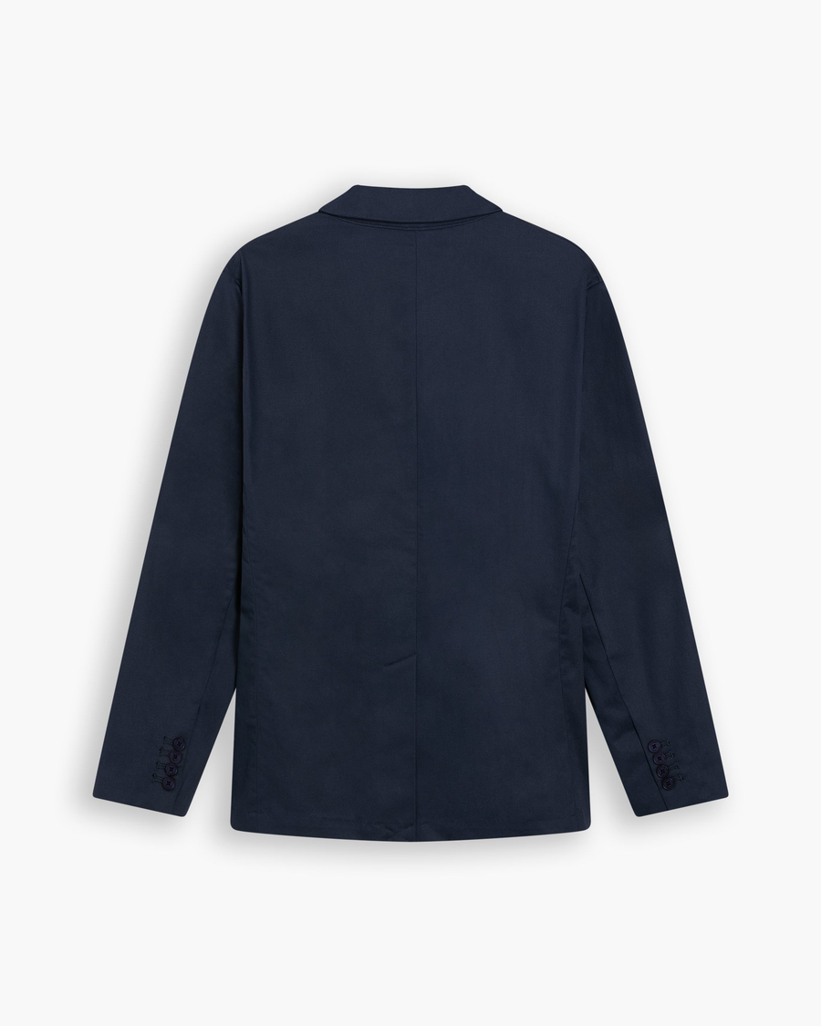 View of model wearing Navy Blazer Signature Refined Blazer, Regular Fit.