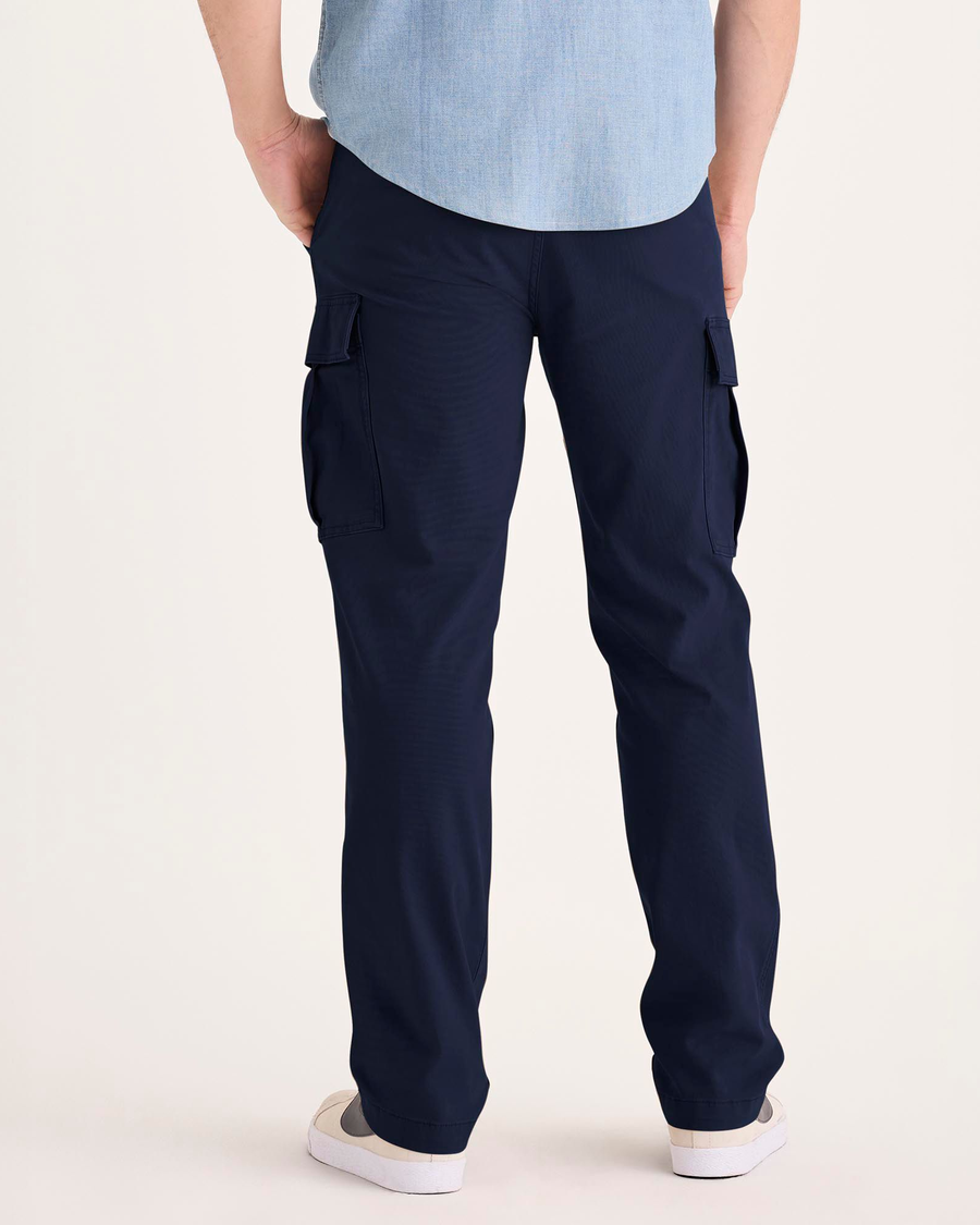 Back view of model wearing Navy Blazer Utility Cargo Pant, Straight Fit.