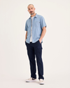 Front view of model wearing Navy Blazer Utility Cargo Pant, Straight Fit.