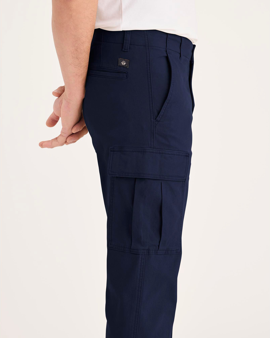 Side view of model wearing Navy Blazer Utility Cargo Pant, Straight Fit.