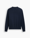 View of model wearing Navy Blazer V Neck Sweater.