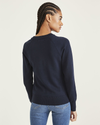 Back view of model wearing Navy Blazer Women's Classic Fit Crewneck Sweater.