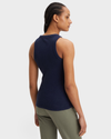Back view of model wearing Navy Blazer Women's Slim Fit Knit Tank.