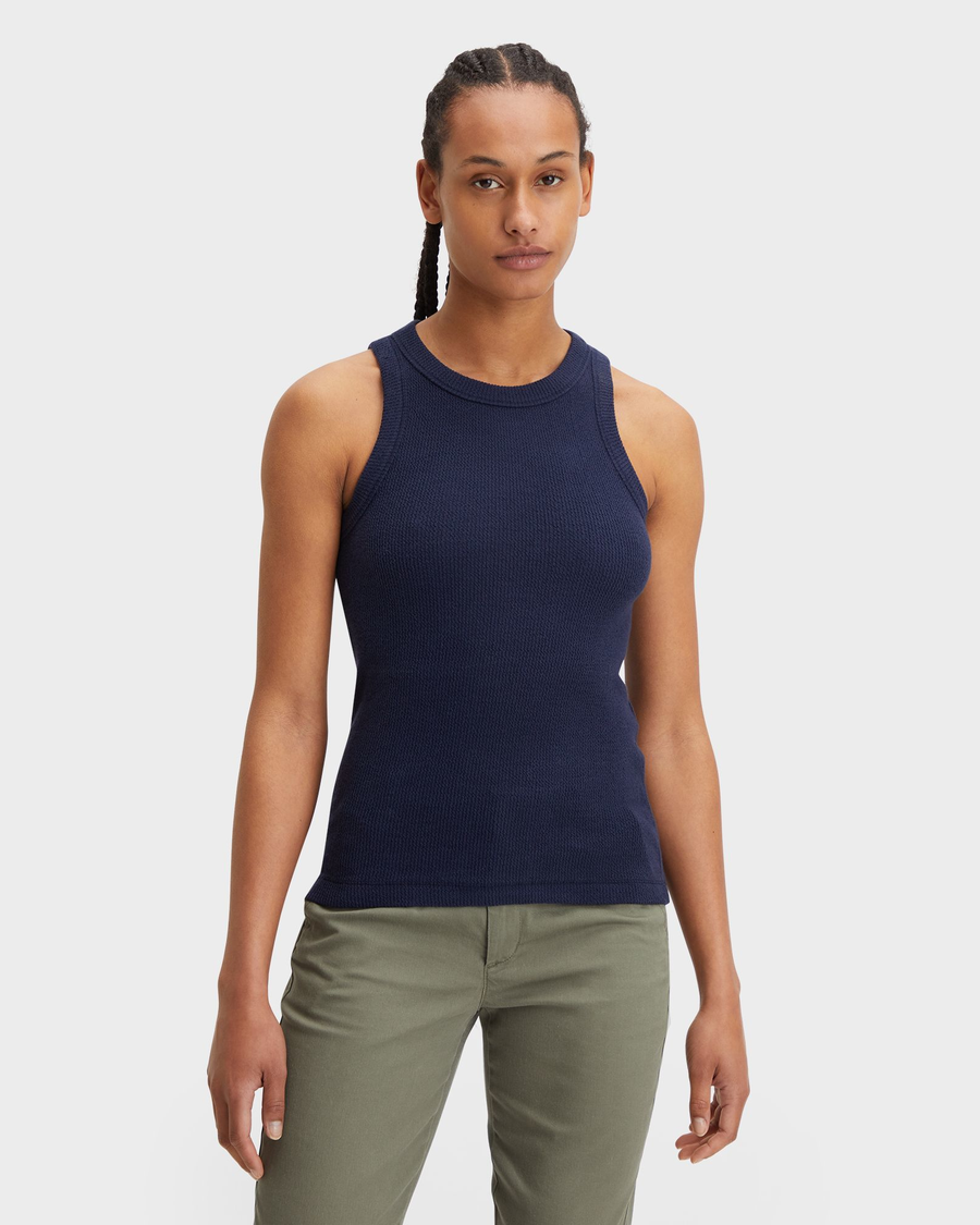 Front view of model wearing Navy Blazer Women's Slim Fit Knit Tank.