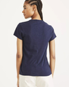 Back view of model wearing Navy Blazer Women's Slim Fit Short Sleeve Favorite Tee Shirt.