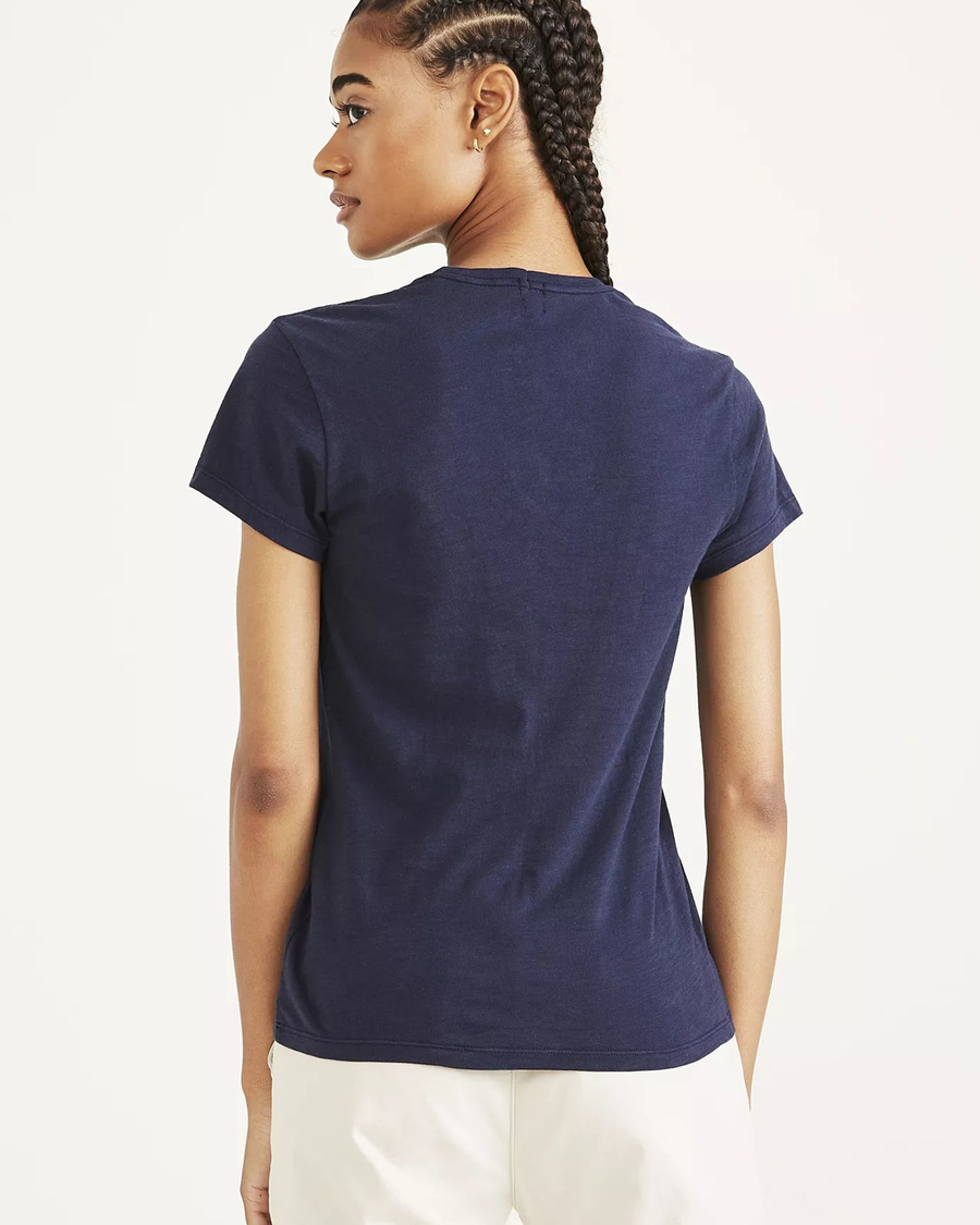 Back view of model wearing Navy Blazer Women's Slim Fit Short Sleeve Favorite Tee Shirt.