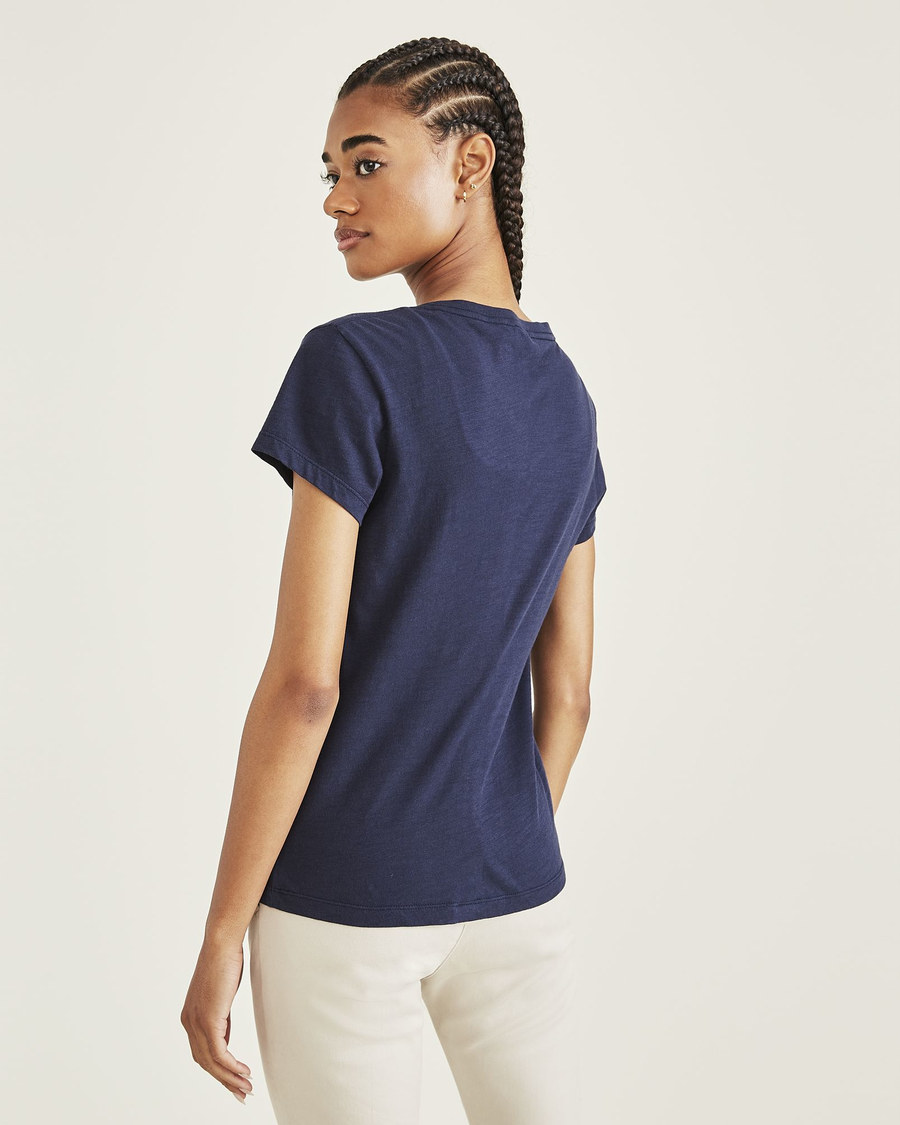 Back view of model wearing Navy Blazer Women's Slim Fit V-Neck Tee.