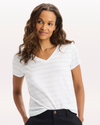View of model wearing Nevin Pastel Blue Favorite V-Neck Tee Shirt, Slim Fit.