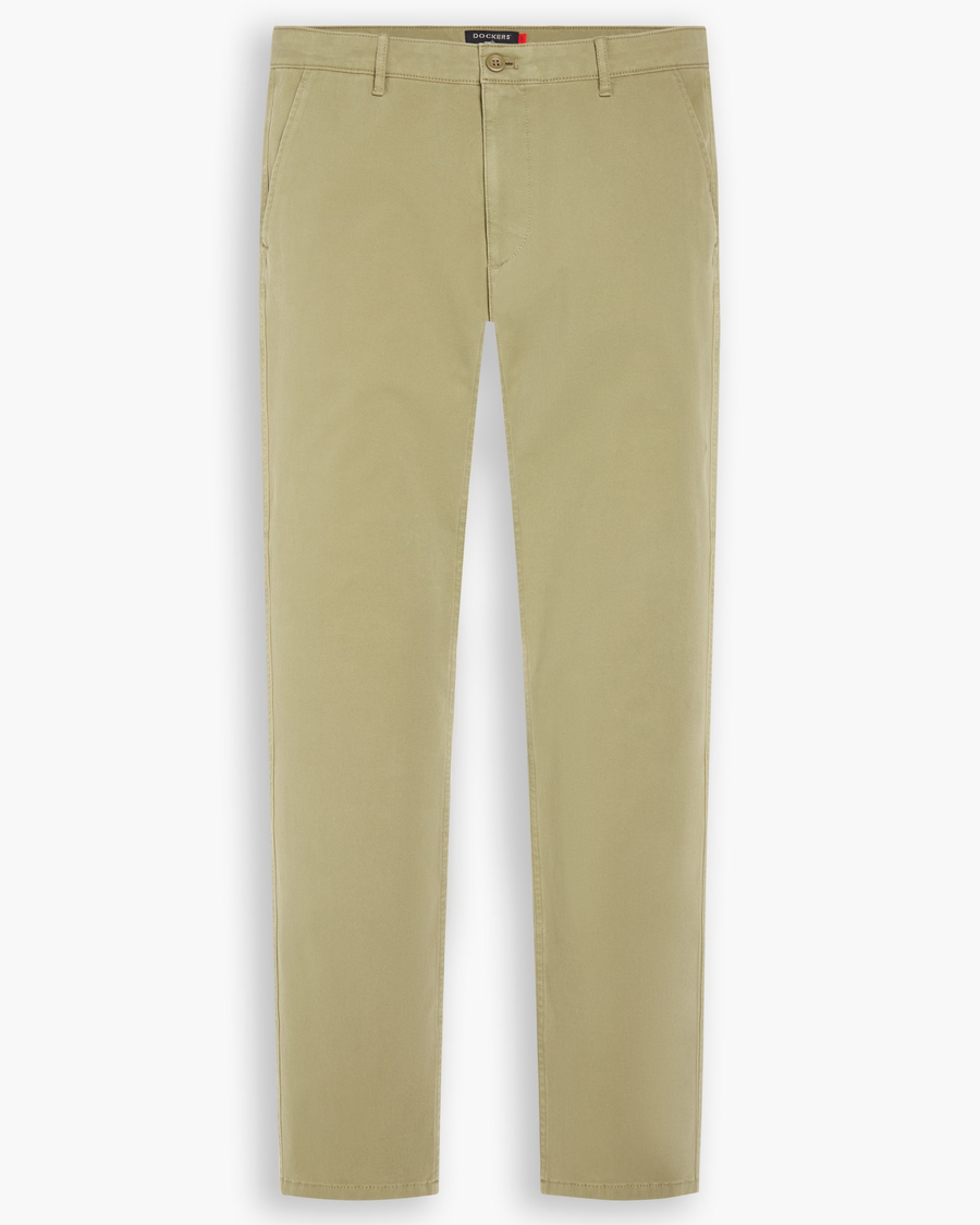 View of model wearing New British Khaki Essential Chino Pants, Skinny Fit.