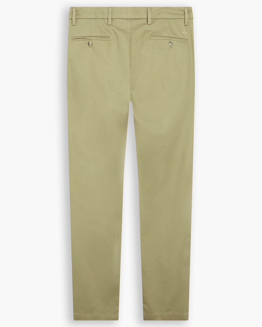 View of model wearing New British Khaki Signature Iron Free Khakis, Skinny Fit with Stain Defender®.