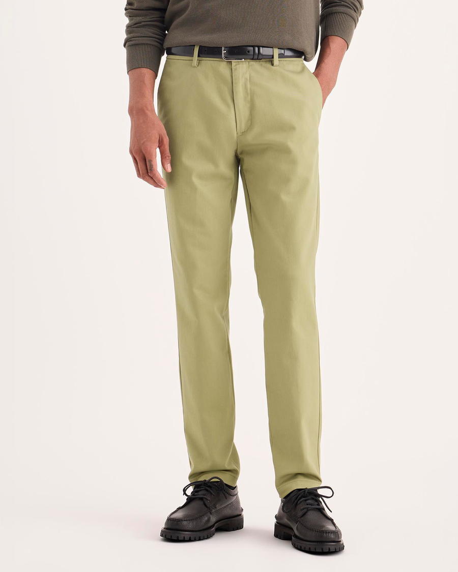 Front view of model wearing New British Khaki Signature Iron Free Khakis, Skinny Fit with Stain Defender®.