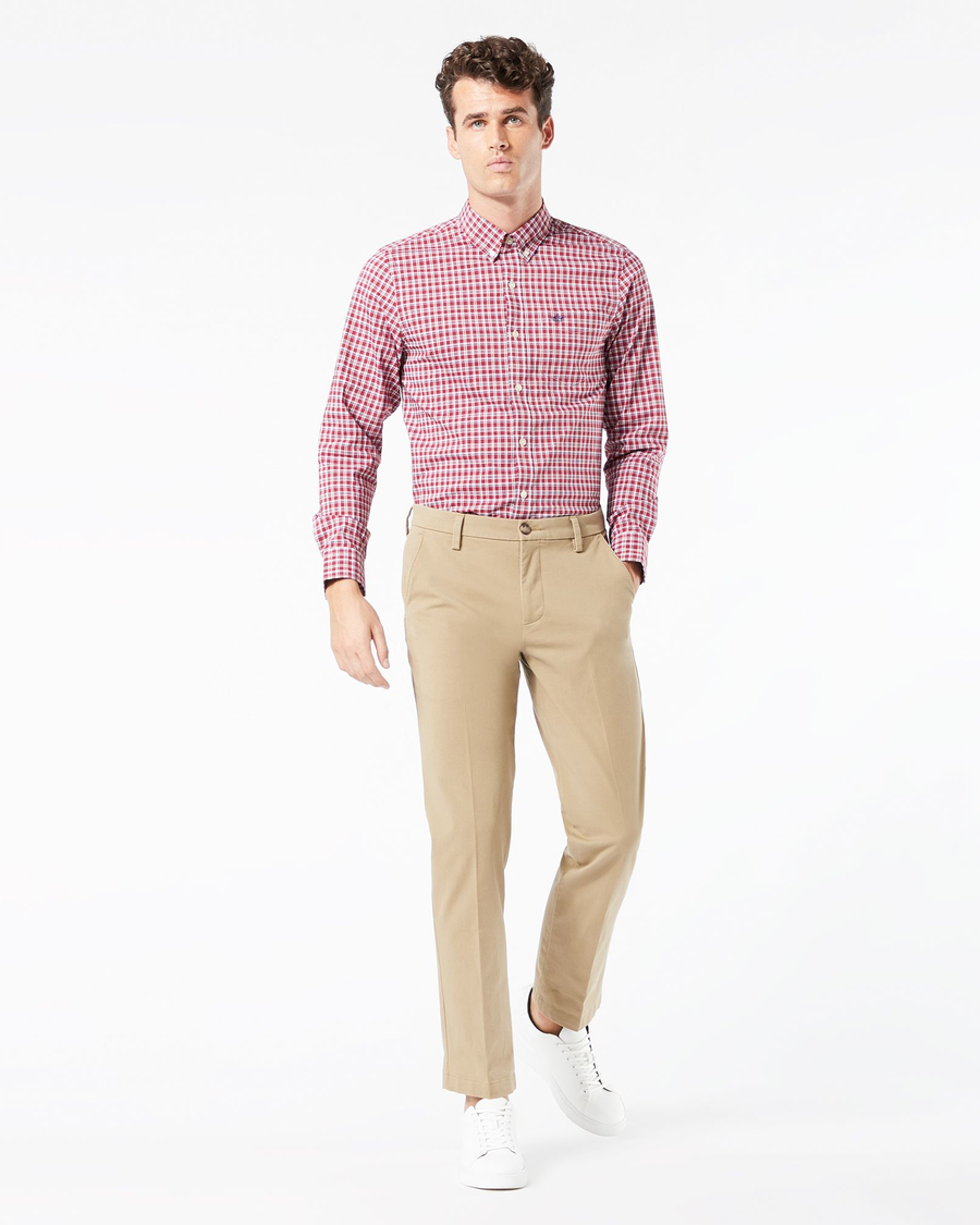 View of model wearing New British Khaki Workday Khaki Pants, Slim Fit.