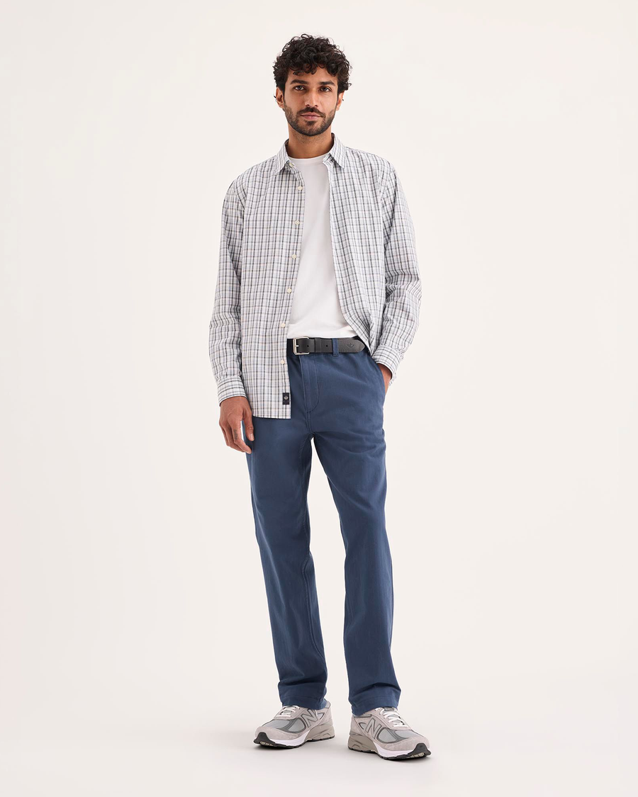 Front view of model wearing Ocean Blue Alpha Chino Pants, Slim Fit.