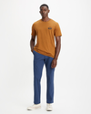 View of model wearing Ocean Blue Crafted Khaki Pants, Slim Fit.