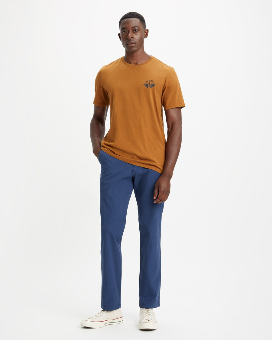 View of model wearing Ocean Blue Crafted Khaki Pants, Slim Fit.