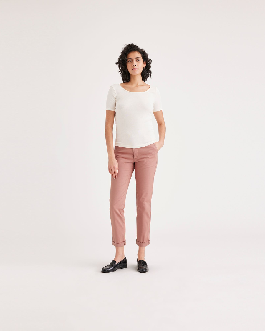 Front view of model wearing Old Rose Women's Slim Fit Weekend Chino Pants.