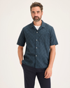 Front view of model wearing Orchard Stratified Sea Men's Regular Fit Camp Shirt.